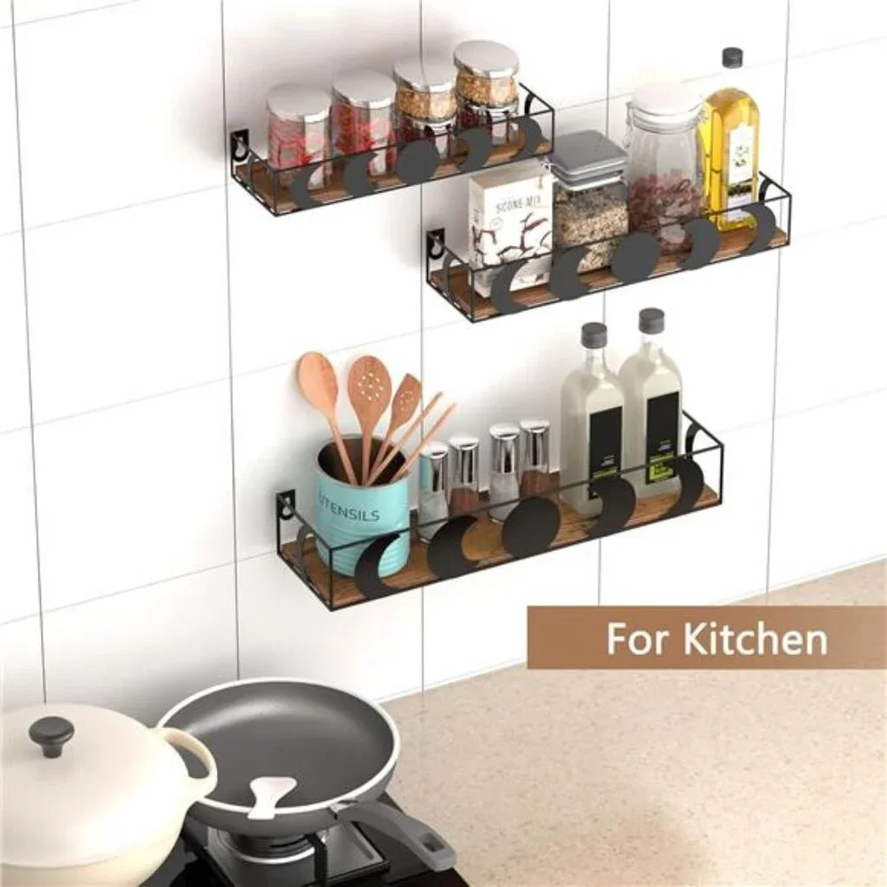 Black and Brown Floating Wall Shelves, Set of 3 Moon Phase Decorative Small